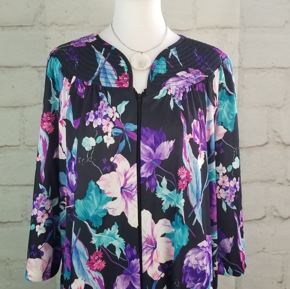 Vintage M/L Black Floral 3/4 Sleeve Maxi Muumuu House Dress 1/2 Zip Pullover - Picture 2 of 8